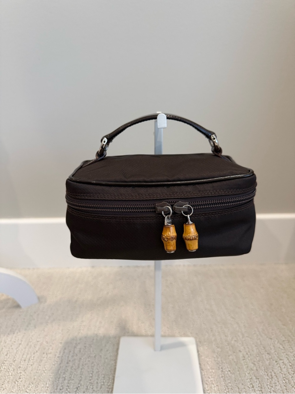 Gucci bamboo mini vanity top handle bag brown nylon patent leather